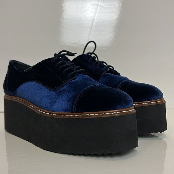 L’intervalle Blue Velvet Platform Wedge Lace Up Shoes Size 38 - Picture 3 of 16